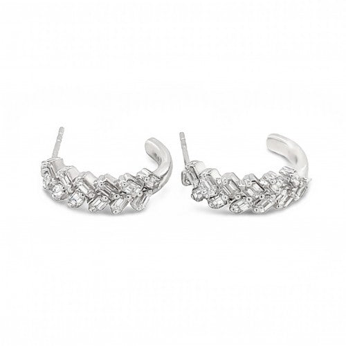 Baguette Diamond Double Row Half Hoop Earring